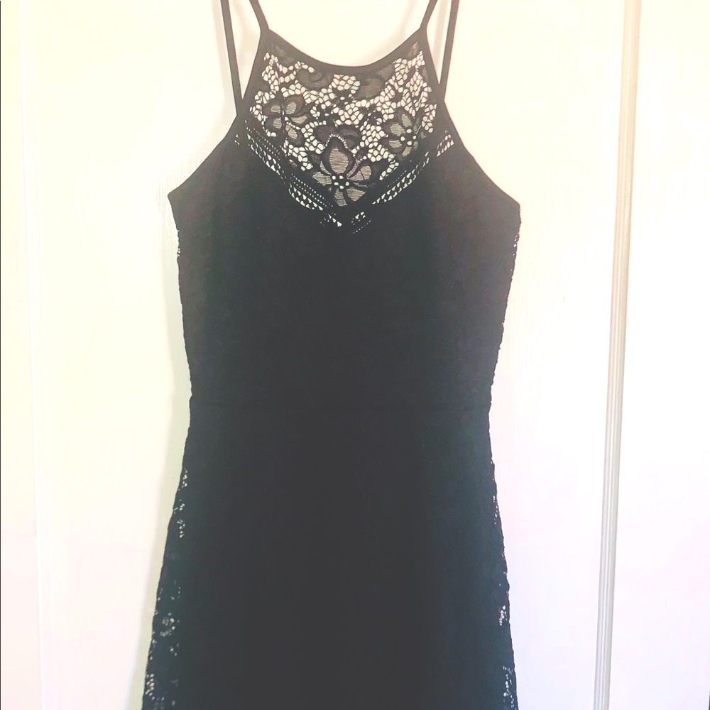 High neck black lace strappy dress